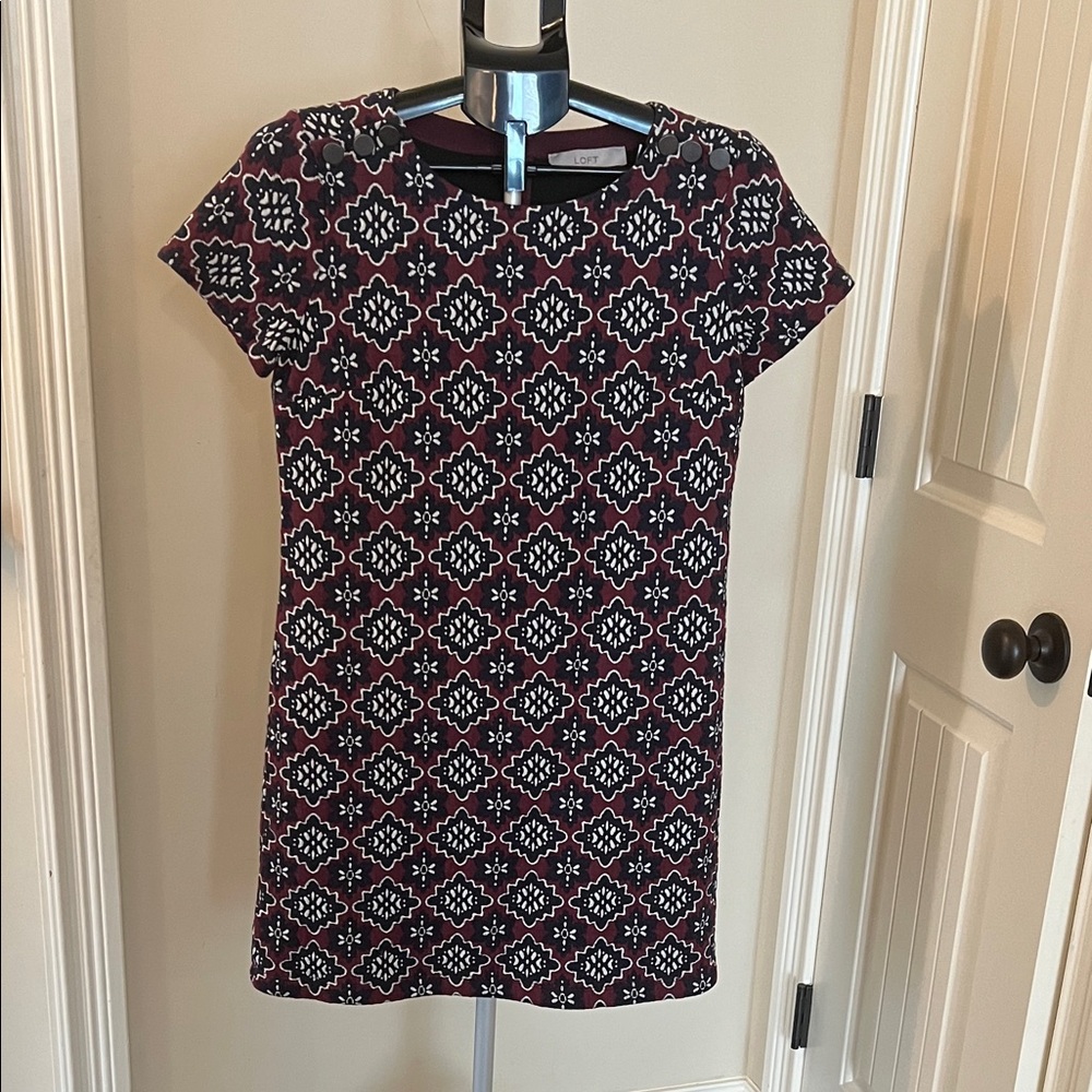 LOFT Navy and Burgundy Patterned Dress